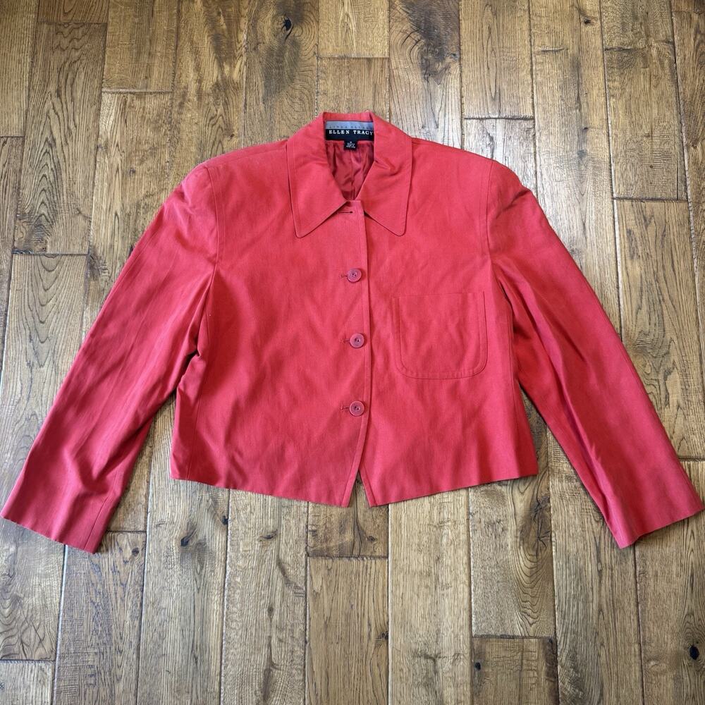 Linda Allard Ellen Tracy Blazer 100% Silk Padded Shoulders Rust Red Womens Sz 16